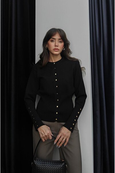 Havoş Black Cardigan with Snap Buttons on the Front and Sleeves