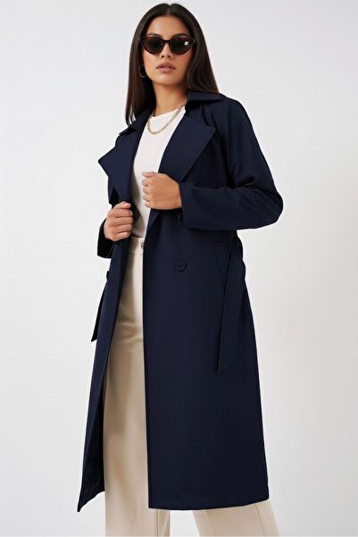 Gülşah collection Double Breasted Collar Trench Coat - Navy Blue