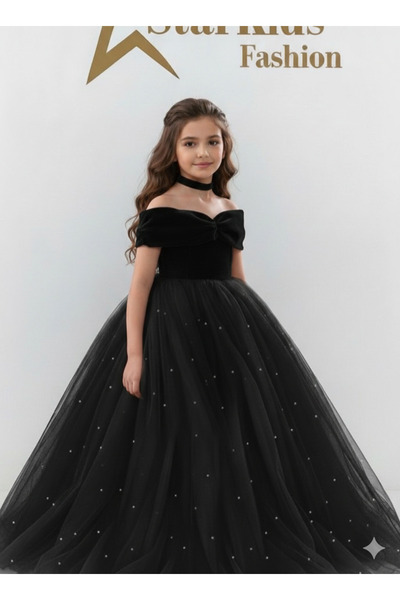 Star Kids Girls' Black Pearls Velvet Dress,Girls' Birthday Dress