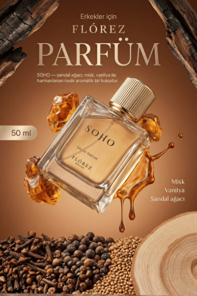 FLOREZ ERKEK PARFÜMÜ - SOHO - Sandal Ağacı, Misk, Vanilya EDP 50 ML