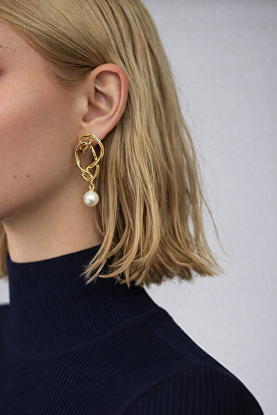 uğurlu dükkan Gold Pearl Stone Interlocking Hoop Earrings