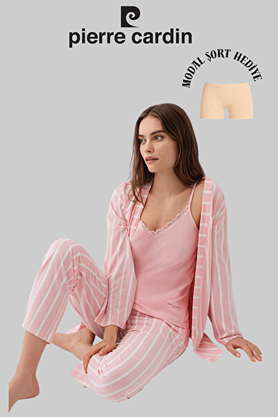 Pierre Cardin Γυναικεία ροζ ριγέ ρόμπα και σετ πιτζάμες 3 τεμαχίων (με σορτς ...