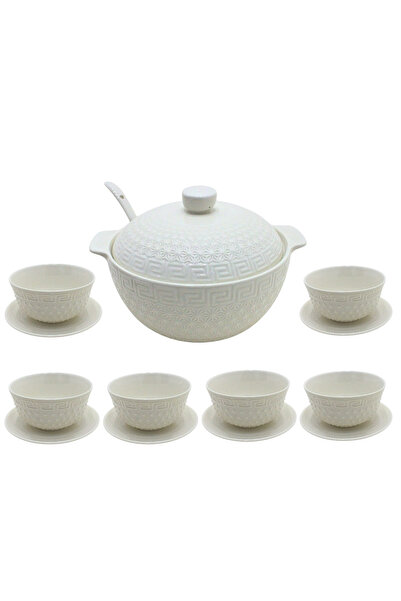 Al Nokhba طقم أواني شوربة من البورسلين الأبيض مكون من 15 قطعة، مع ستة أطباق م...