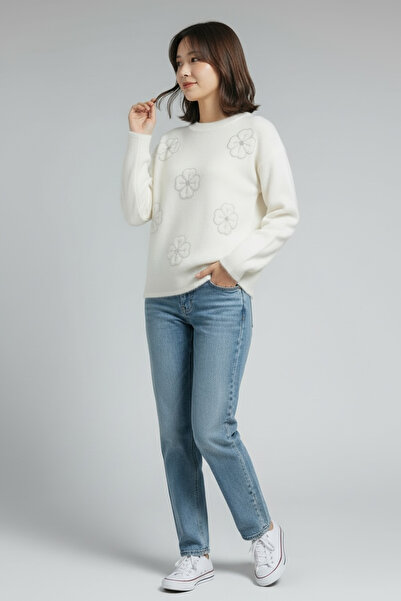 BİLGENS BUTİK Women's Tulle Bead Detail White Sweater