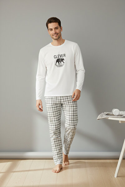 Buklemoda Men's Long Sleeve Printed Pajama Set with Plaid Pants White