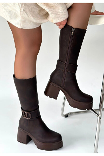 TH COLLECTİON Moki Brown Nubuck Heeled Boots - 39