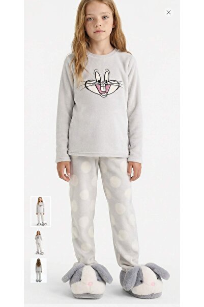 DeFacto Girls' Looney Tunes Pajama Set Embroidered Plush Long Sleeve Top Long...