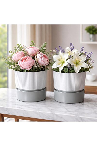 POLİVAHOME 2 Adet 1,25 Litre İxora Saksı Tabaklı Çiçek Kaktüs Saksısı Dekorat...