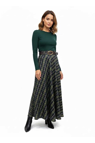 MİHRİZAR Premium Quality Plaid Women's Skirt with Belt Detail