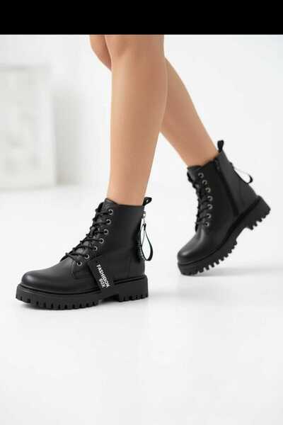 pediashoes Girl's Black Leather Lace-Up Zippered Non-Slip Sole Style Boots