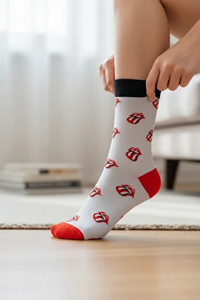 CANMODA Бели забавни унисекс памучни колежански чорапи с червен език (подходя...
