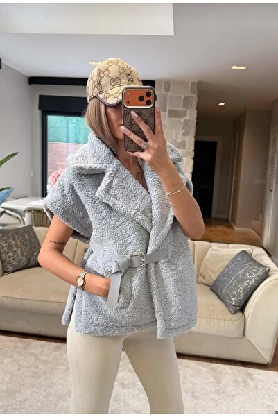 Zeynep Öykü Style Kadın Kemerli Peluş Yelek | Oversize Rahat Kalıp Şık Yelek