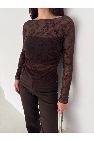 DAME Women's See-Through Boat Neck Flocking Printed Design Tulle Blouse