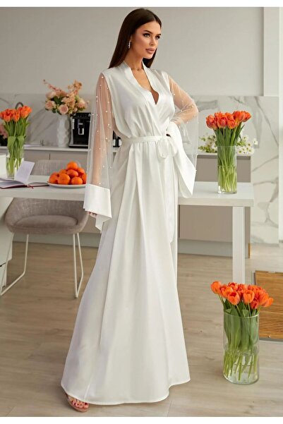 VELİNA GROUP White Satin Sleeves with Pearl Detail Bridal Robe Kimono Stylish...