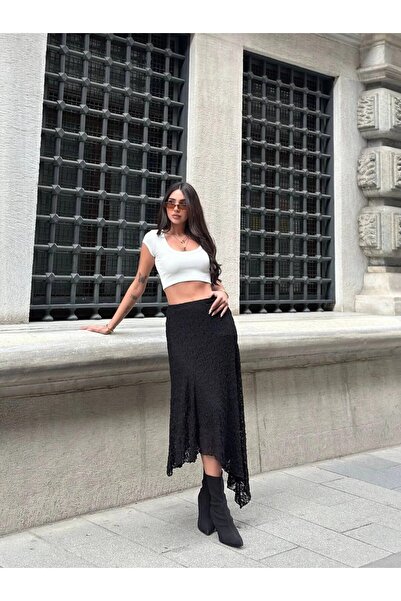 Generic Brand Women's Black Asymmetrical Cut Lined Lace Skirt Hzl25S-Zk13571