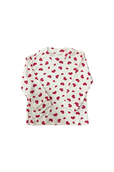 TWOO KİDS Baby Girl Red Heart Pattern Ribbed Long Sleeve T-Shirt Cotton Top
