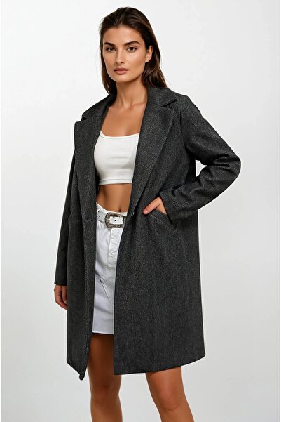 Yasmy Collection معطف نسائي أنيق من الكاشmir بلون أنثراسايت بزر واحد وجيبين م...