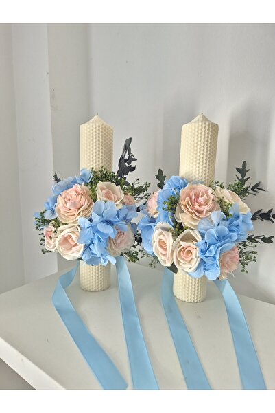 Yellow Tulip Wedding candle set 35 cm, natural wax, immortelle flowers and cr...