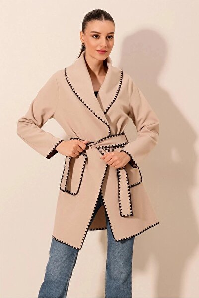 Yasmy Collection Women's Beige Embroidery Detailed Belted Waist Buttonless Un...