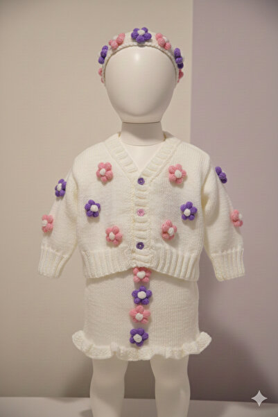 NEAR Baby Set Knitted from Baby Yarn with Flower Detail – Cardigan Skirt Band...