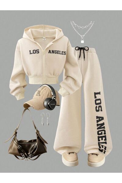 Kids Bej alt üst los angeles baskı crop takım