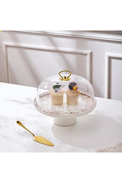 Malooki Porcelain cake plate with foot and transparent lid, 27.5 cm - Snowing...