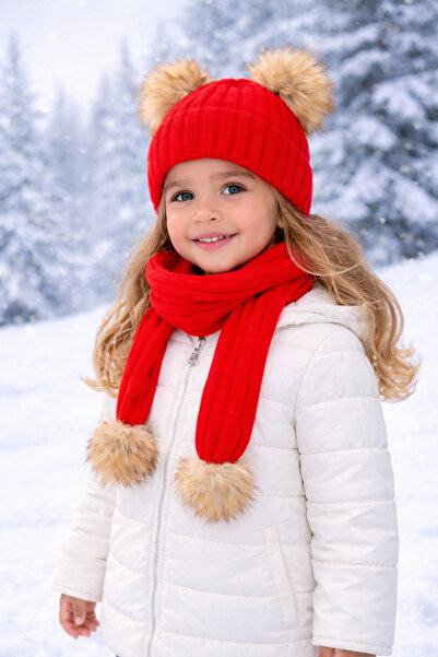 ŞAPKAKİDS Red Natural Double Pompon Knitwear Scarf Beanie Set