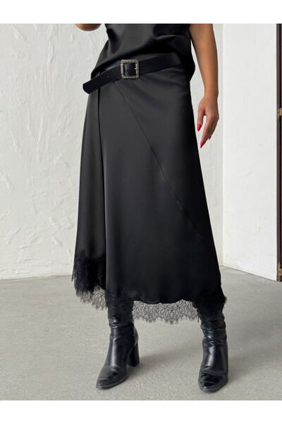 MADAMMERY Thick Satin Stylish Skirt with Lace Drape Detail