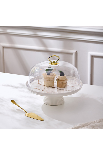 Malooki Porcelain cake plate with foot and transparent lid, 27.5 cm - Marble ...