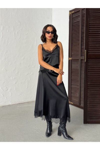 MADAMMERY Thick Satin Stylish Skirt with Lace Drape Detail