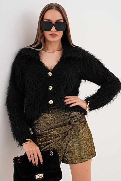 mahira collection Women's Long Furry V-Neck Placketed Washable Knitwear Cardigan