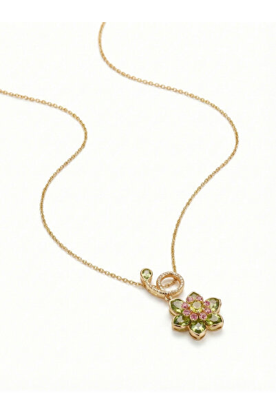 Stella Gold Renk Yeşil Kristal Taşlı Çiçek Figürlü Zarif Zincir Kolye