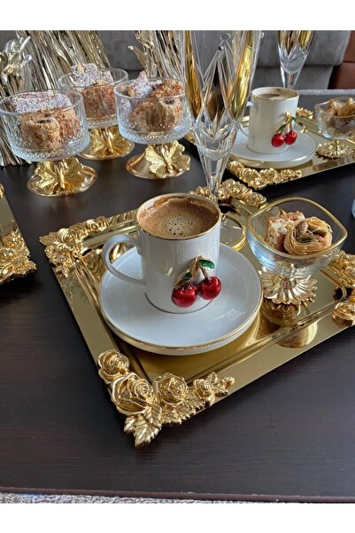 Empressco Gold Gül Motifli Çelik Kahve Sunum Tepsisi, Şık ve Zarif Tasarım