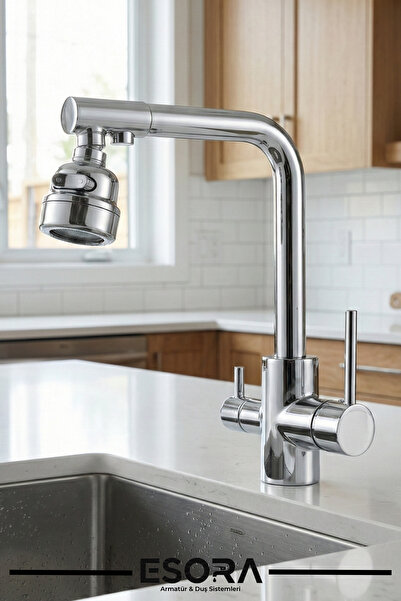 ESORA Krom 3 Yollu Arıtmalı Mutfak Eviye Bataryası ve 3 Fonksiyonlu 360° Hare...