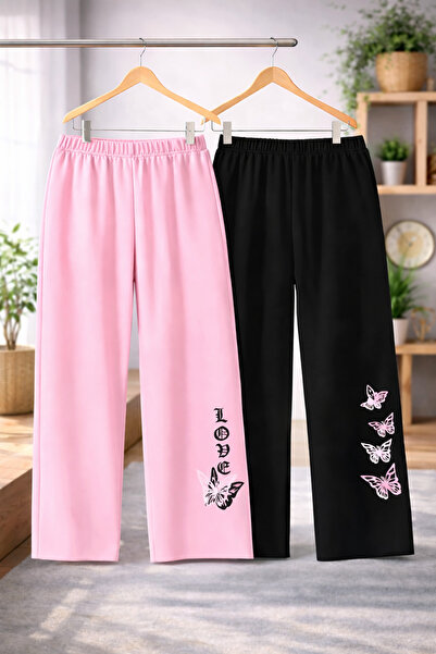 Kids 2'li Kelebek Baskılı Pembe Siyah Eşofman Takımı