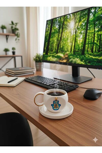 Ceresshop Handmade Ceramic Cup with Hamsa Figure and Letter Charm (Specify th...