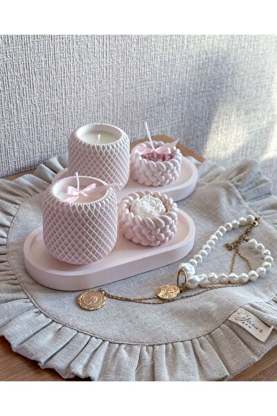 SCA CANDLE SCA Oval Tepsi + Büyük Mumluk + Küçük Mumluk + Küçük Şakayık Gül M...