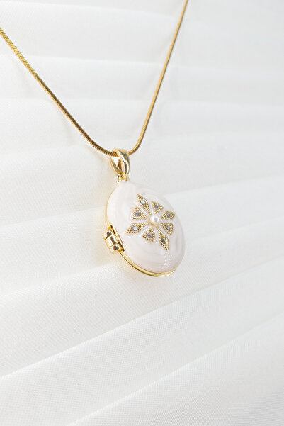 Stella Fortis Beyaz Mine Detaylı Kapaklı Madalyon Kolye – Altın Renk Yılan Zi...