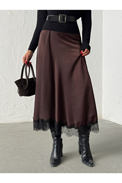 MADAMMERY Thick Satin Stylish Skirt with Lace Drape Detail