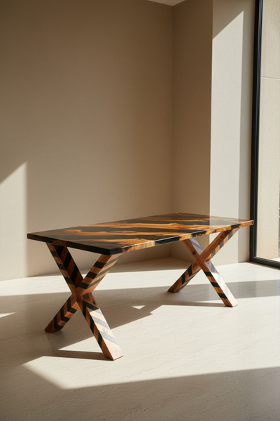 Nadisse Ahşap & Siyah Epoksi Masa – X Ayak Tasarımlı, Modern Endüstriyel Yeme...