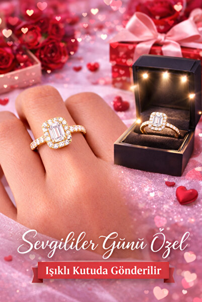 Laboratuvar Pırlantası Lp Işıklı kutuda 14 ayar altın kaplama baget yüzük,sev...