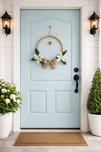 ESEN DESİNG HOME Bohem Ahşap Boncuklu Kapı Süsü - Beyaz Zambak Çiçekli Ve Jüt...