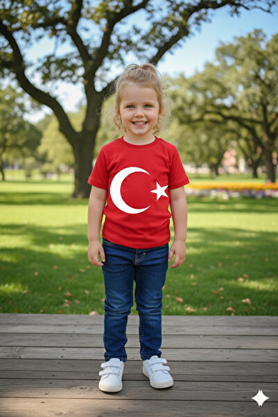 Parti Kırtasiye Kız Çocuk Unisex Tişört Kırmızı Ay Yıldız Baskılı Tişört Kısa...