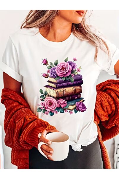 EYMORA Rose and Book Printed T-Shirt
