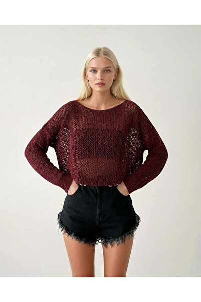 ibeeka Openwork Knit Transitional Knitwear Sweater Off Shoulder - Bordo