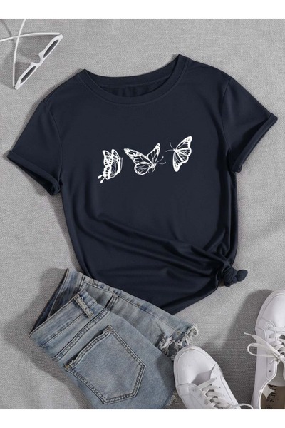 Trend Sizde Unisex Navy Blue 3-Piece Butterfly Printed Crew Neck T-Shirt
