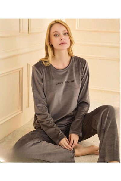 Mihra Women's Winter Crew Neck Velvet Pajama Set 13166Fü - 1 Piece