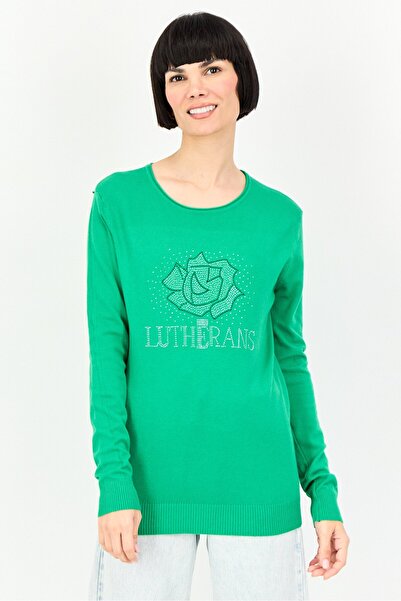 Buzz Women Round Neck Long Sleeve Metallic Print Sweater, Green