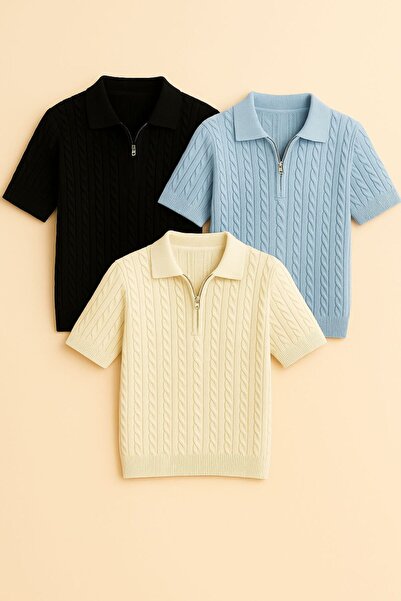 pepule Ανδρικό πλεκτό μπλουζάκι 3 τεμαχίων με λαιμόκοψη πόλο, από βαμβάκι με ...