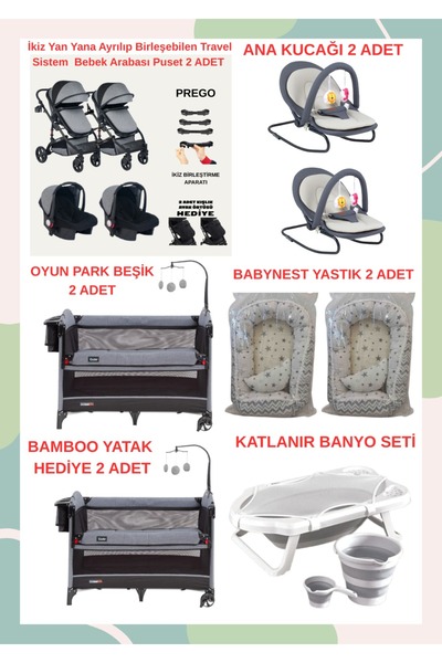TURHANBEBE Yeni Doğan İkiz Bebek Çeyiz Seti Beşik Bebek Arabası Ana Kucağı Banyo Seti Baby Nest